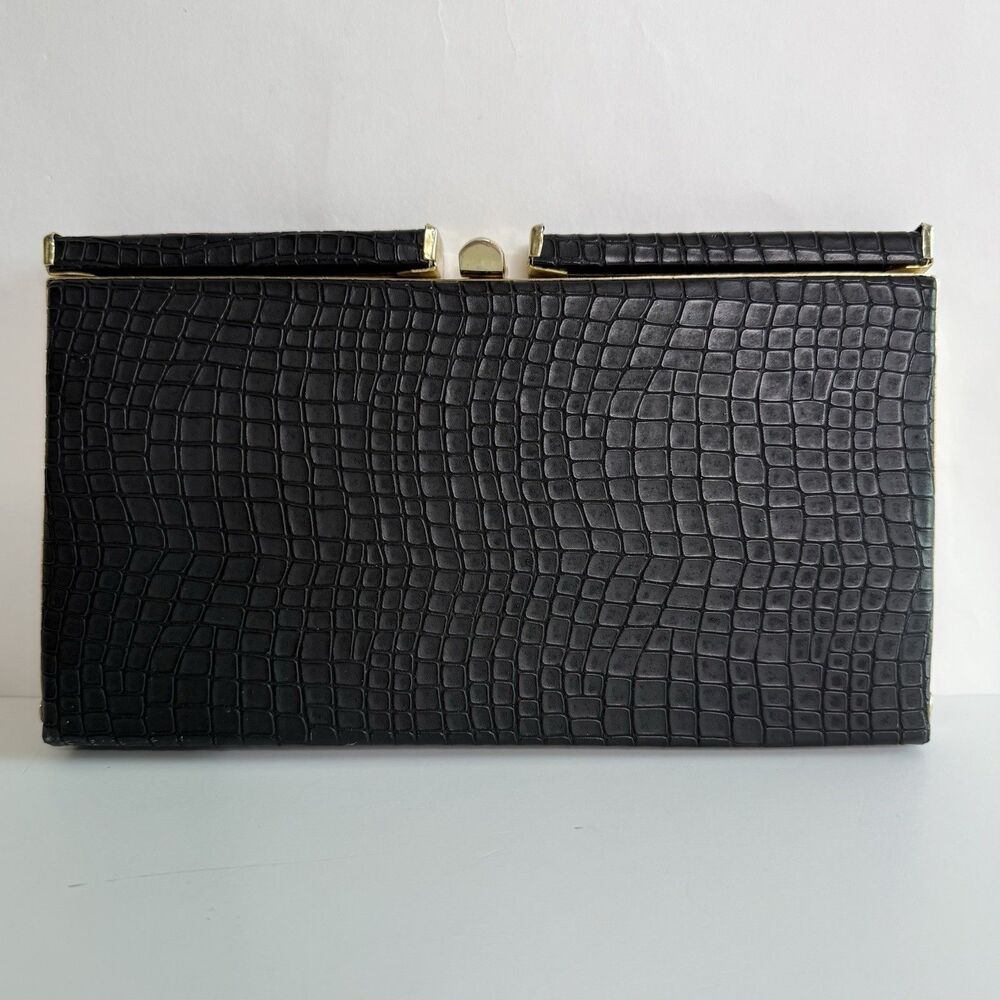 Faux Black Crocodile Embossed Framed Slim Wallet Clutch with Gold Tone Hardware